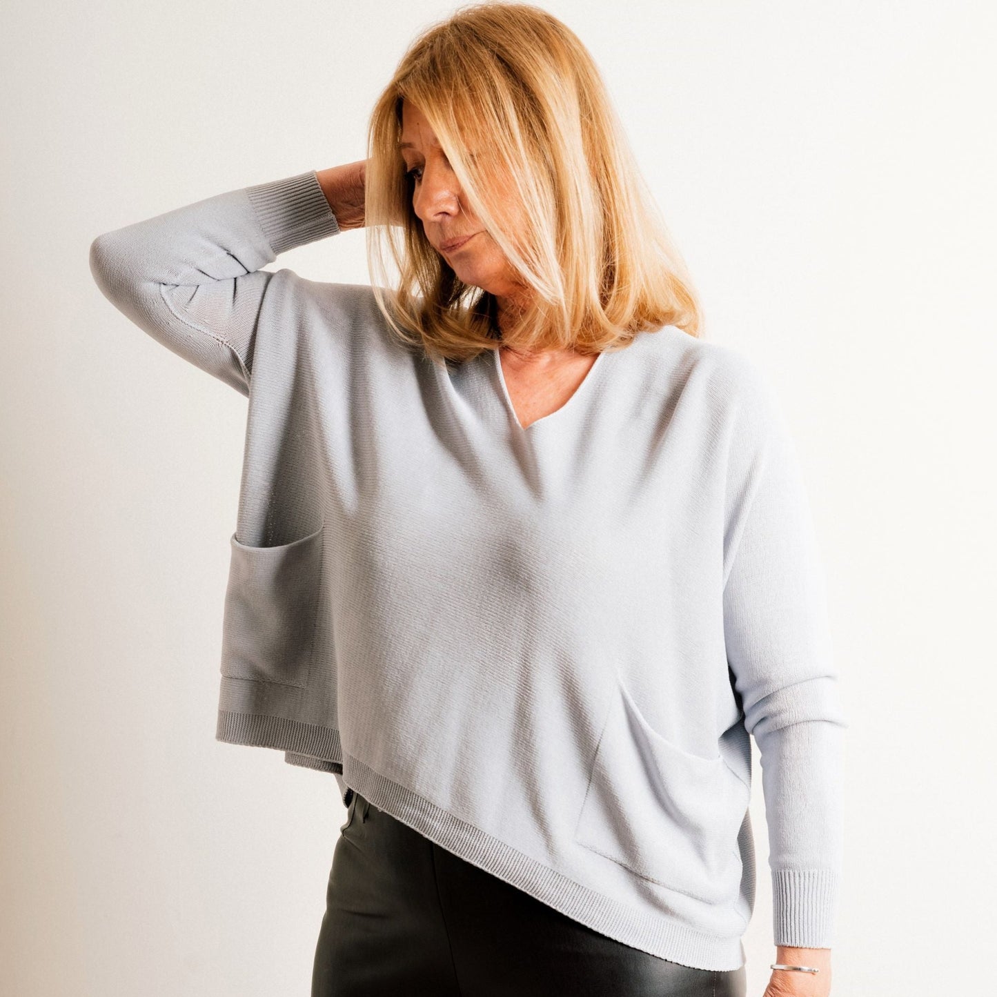 Light Grey Structured Knit Double Pocket V Neck Easy Wear Top - Amilu