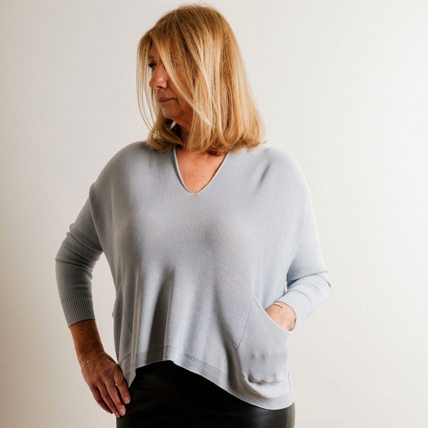 Light Grey Structured Knit Double Pocket V Neck Easy Wear Top - Amilu