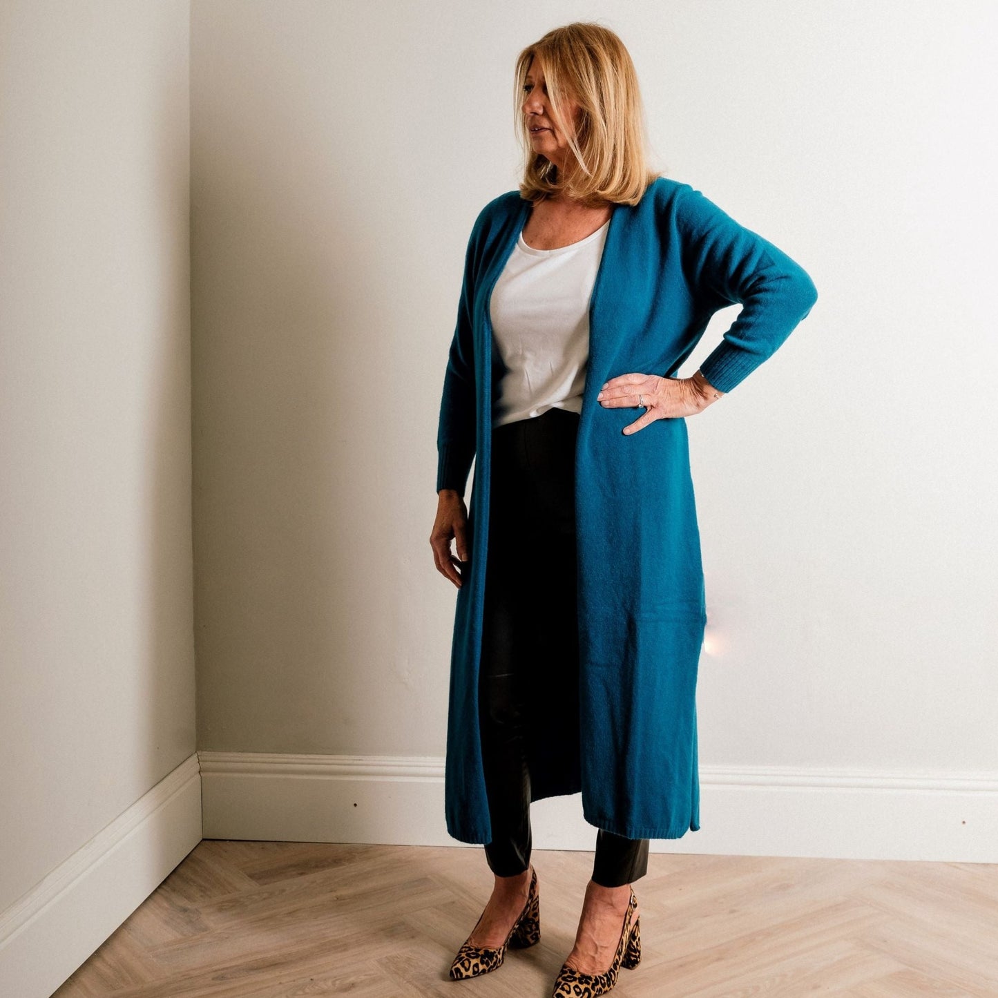 Teal Supersoft Midaxi Length Fine Knit Easy Wear Cardigan - Amilu