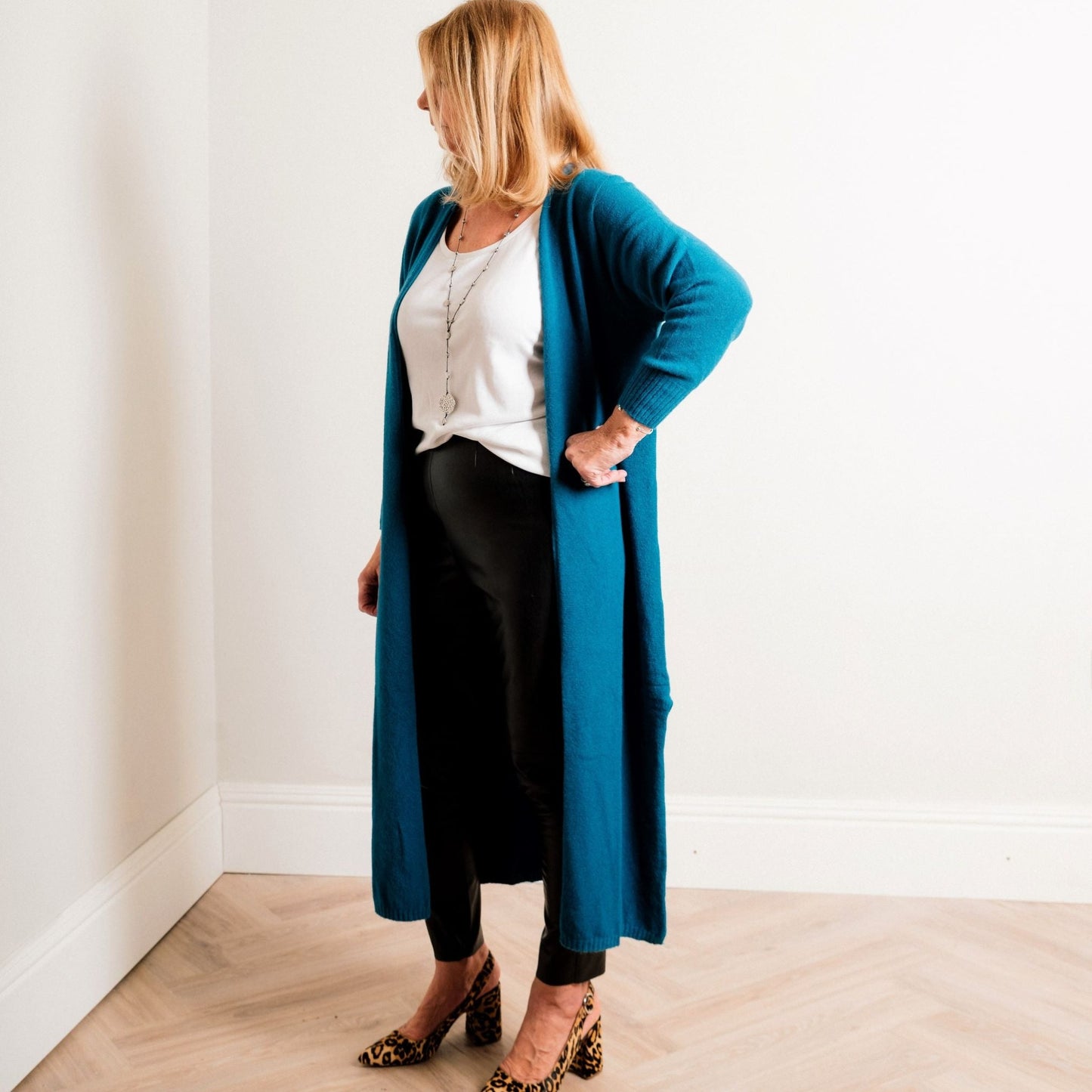 Teal Supersoft Midaxi Length Fine Knit Easy Wear Cardigan - Amilu