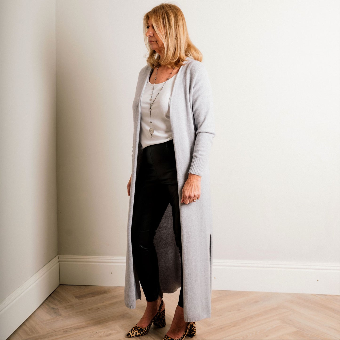 Light Grey Supersoft Midaxi Length Fine Knit Easy Wear Cardigan - Amilu