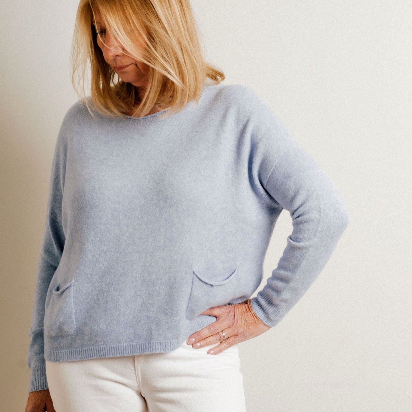 Pale Blue Double Pocket Supersoft Fine Knit Round Neck Easy Wear Jumper - Amilu