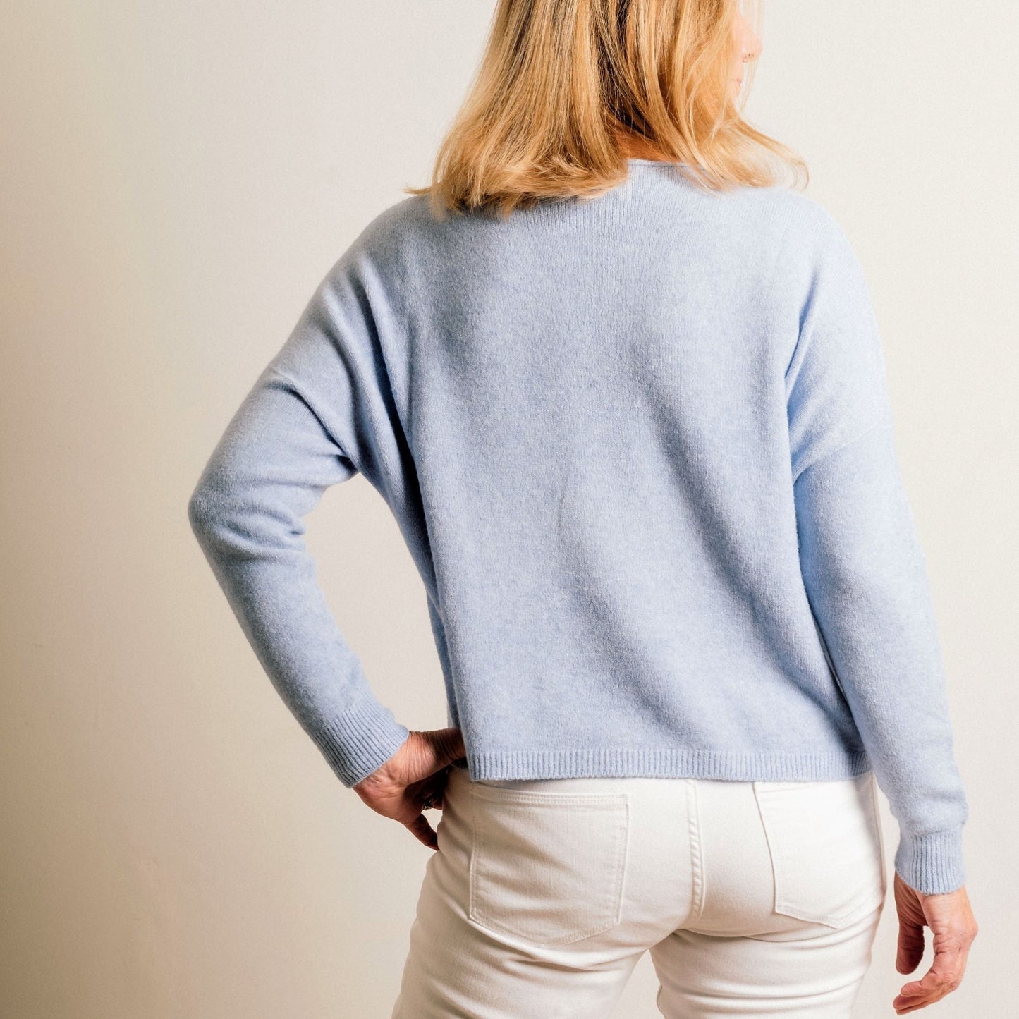 Pale Blue Double Pocket Supersoft Fine Knit Round Neck Easy Wear Jumper - Amilu