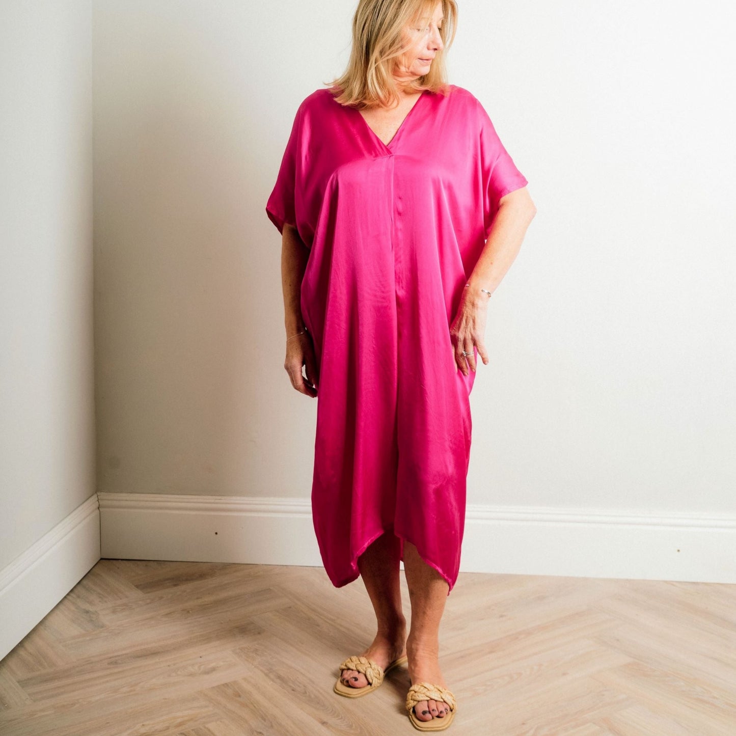 Fuchsia Pink Silky Soft Midi Length Kaftan Day and Beach Dress. - Amilu