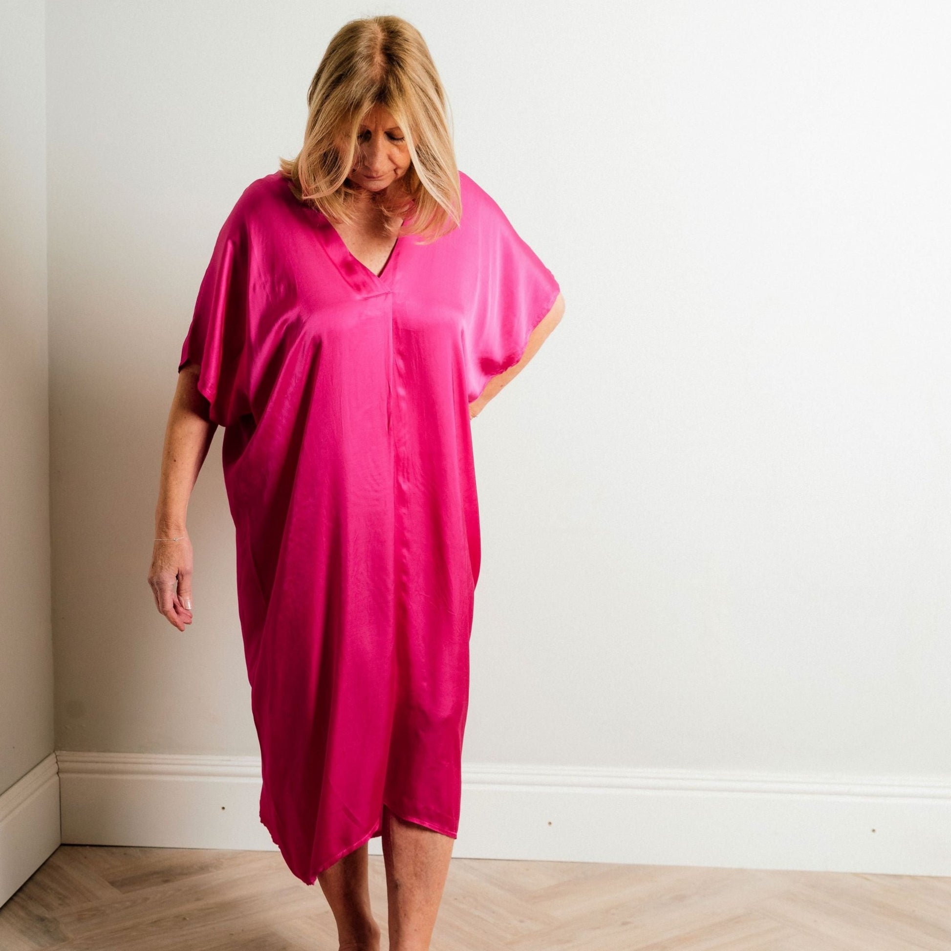 Fuchsia Pink Silky Soft Midi Length Kaftan Day and Beach Dress. - Amilu