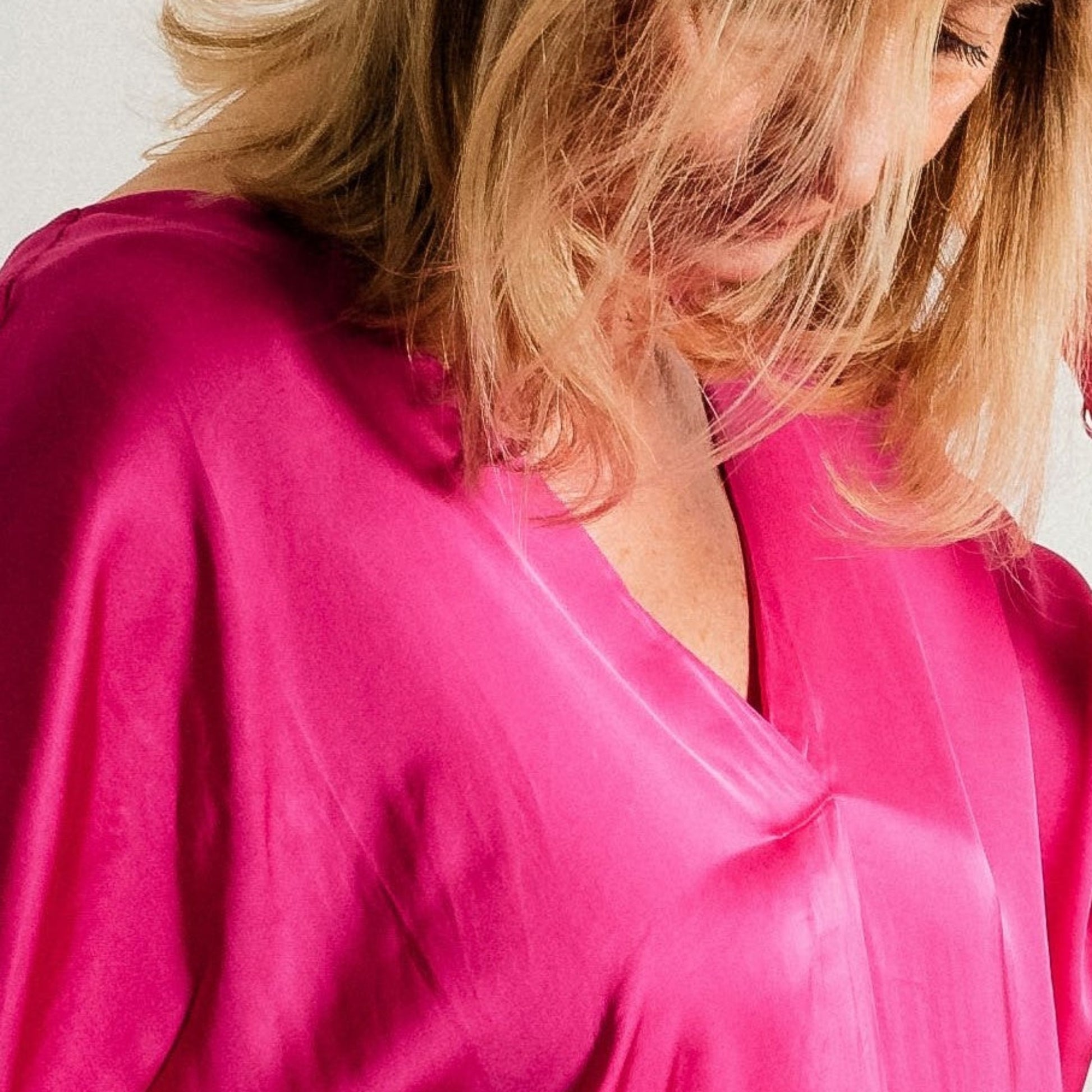 Fuchsia Pink Silky Soft Midi Length Kaftan Day and Beach Dress. - Amilu