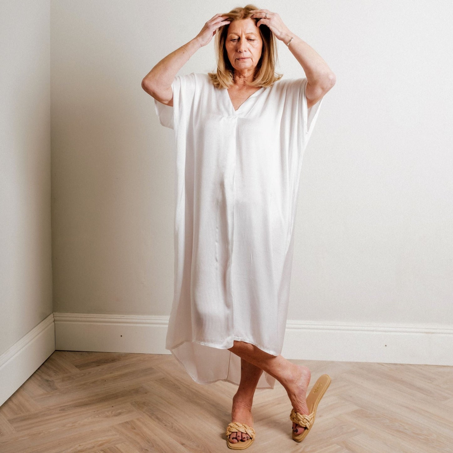 Ivory Silky Soft Mid Length Kaftan Day and Beach Dress. - Amilu