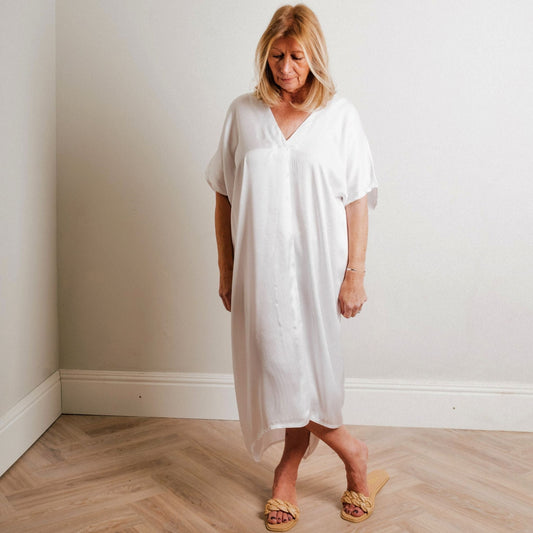 Ivory Silky Soft Mid Length Kaftan Day and Beach Dress. - Amilu