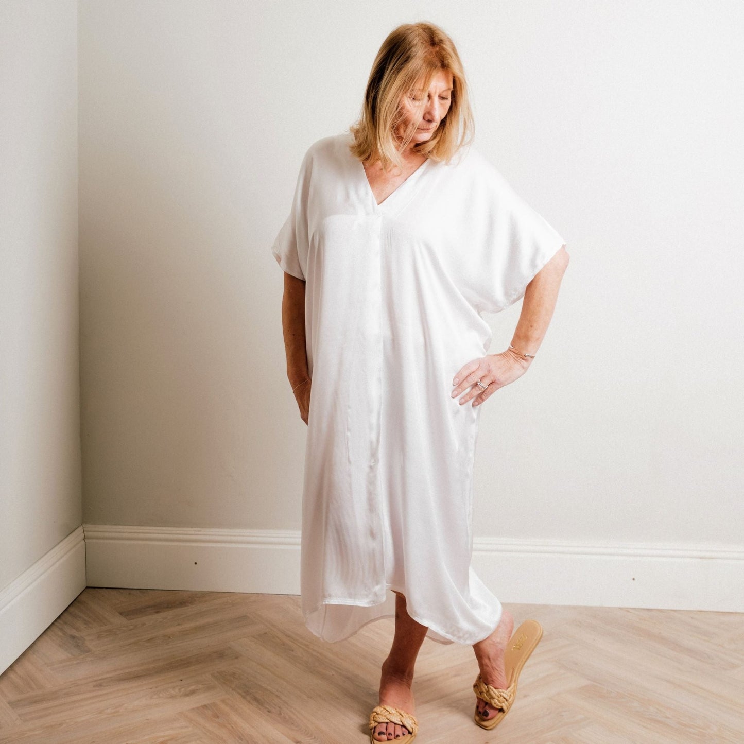 Ivory Silky Soft Mid Length Kaftan Day and Beach Dress. - Amilu