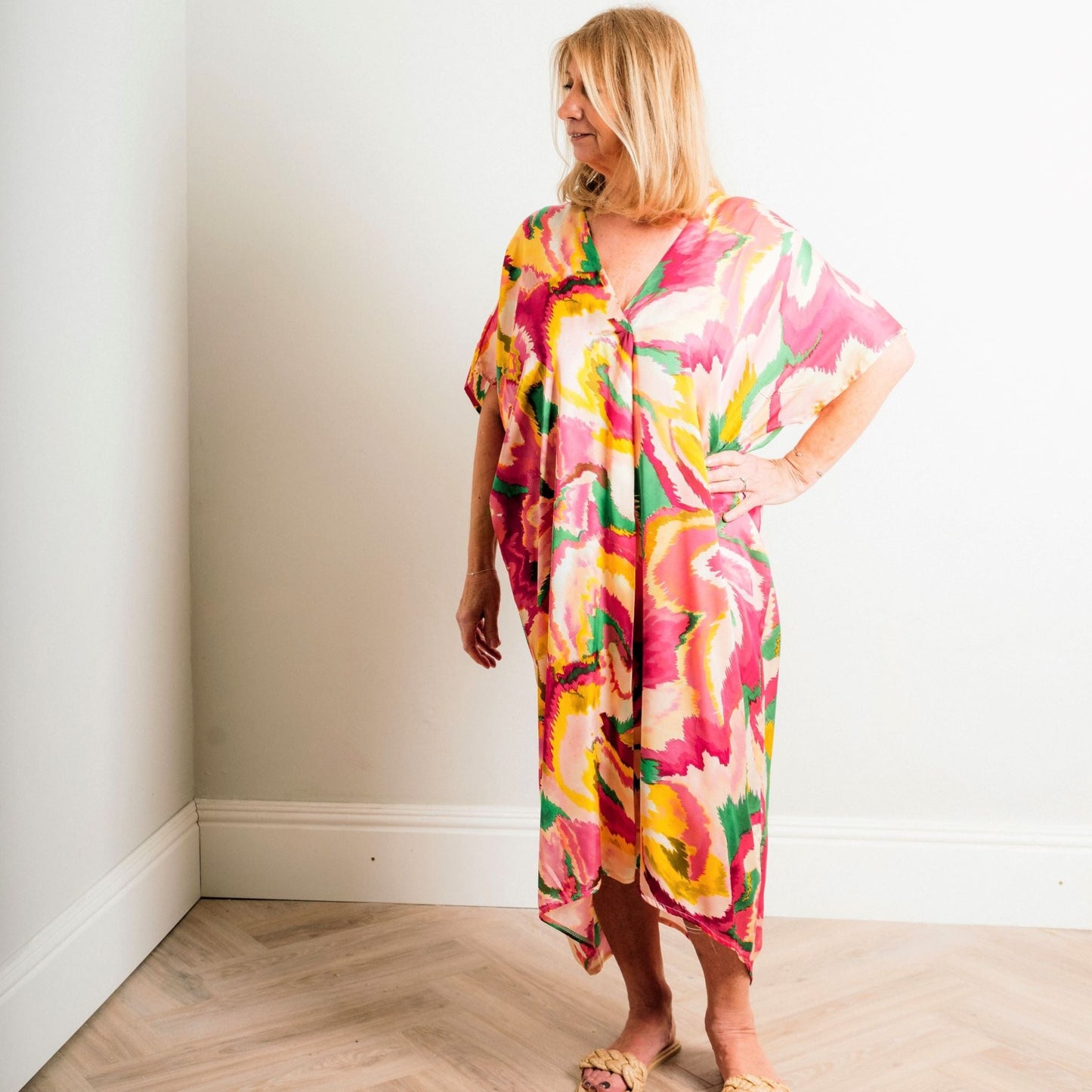 Fuchsia Multi Print Silky Soft Midi Length Kaftan Day and Beach Dress. - Amilu