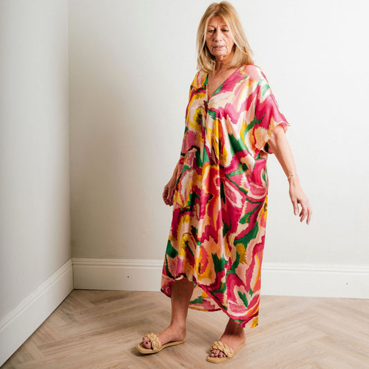 Fuchsia Multi Print Silky Soft Midi Length Kaftan Day and Beach Dress. - Amilu