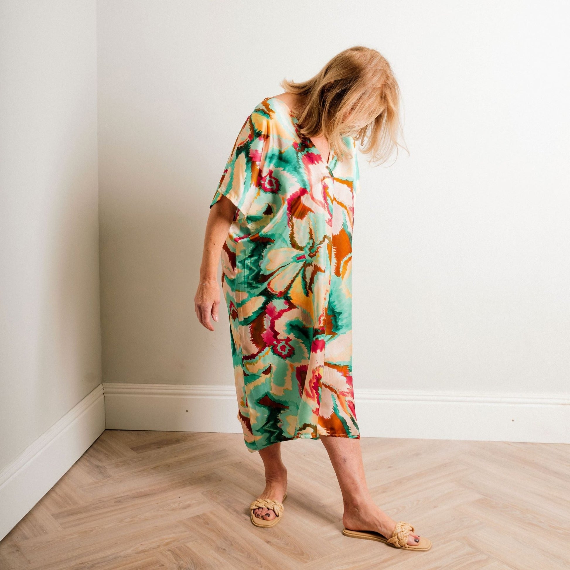Turquoise Multi Print Silky Soft Midi Length Kaftan Day and Beach Dress. - Amilu