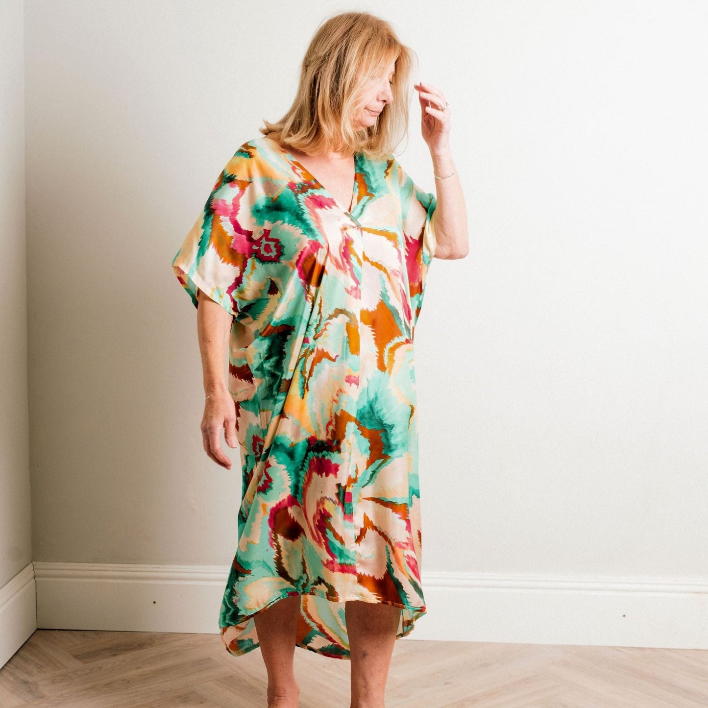 Turquoise Multi Print Silky Soft Midi Length Kaftan Day and Beach Dress. - Amilu