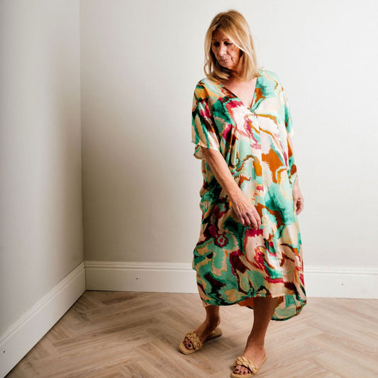 Turquoise Multi Print Silky Soft Midi Length Kaftan Day and Beach Dress. - Amilu