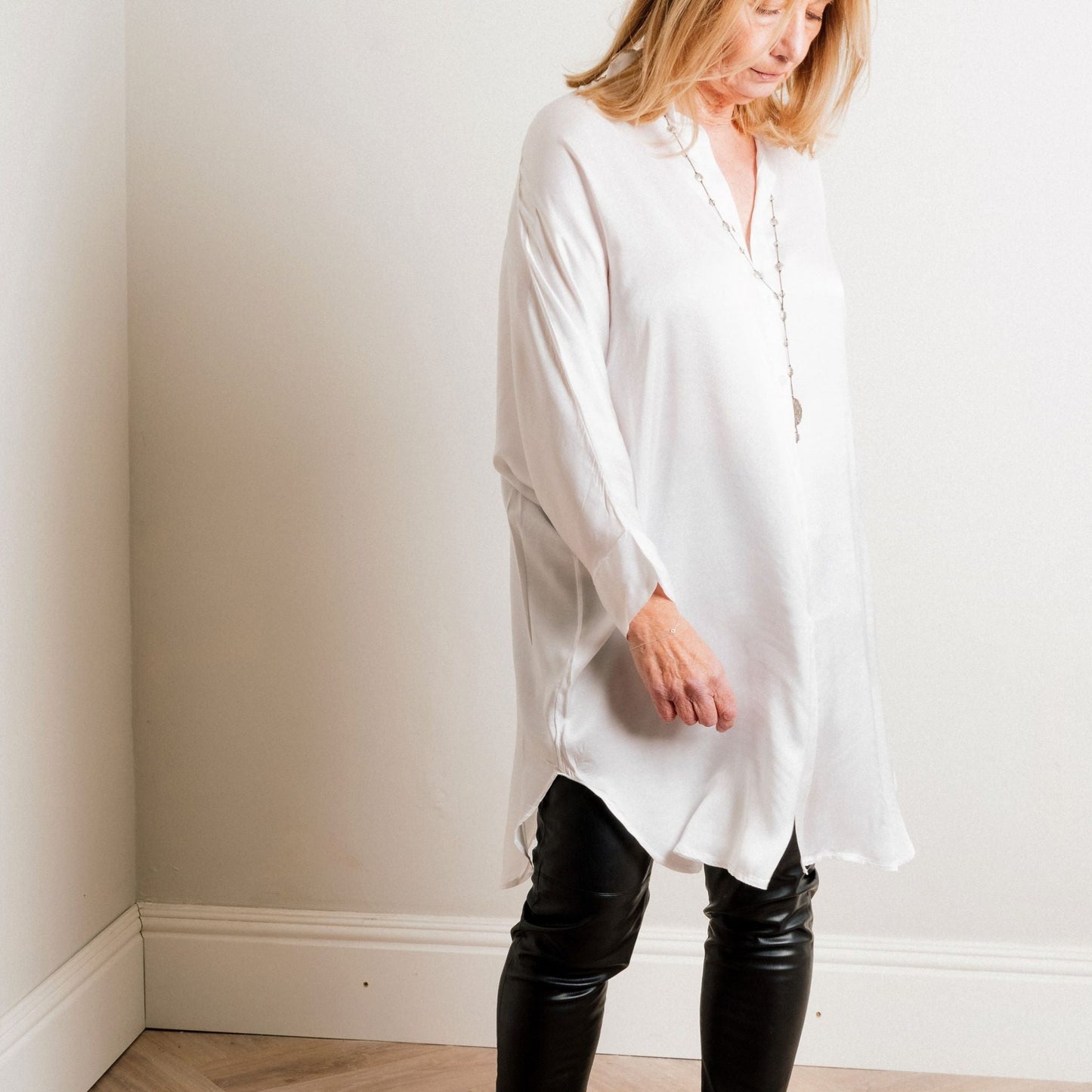 Ivory Silky Soft Oversize Trapeze Drape Shirt/Shirt Dress - Amilu
