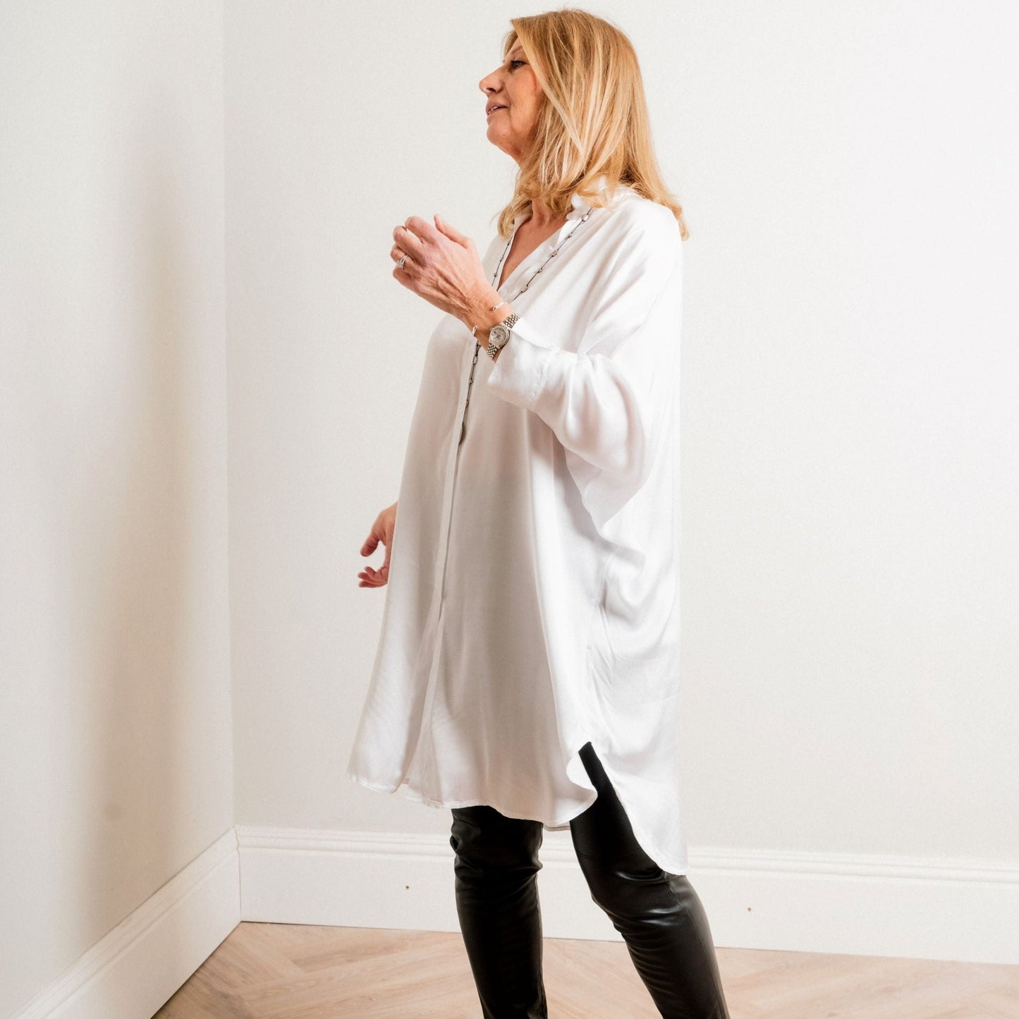 Ivory Silky Soft Oversize Trapeze Drape Shirt/Shirt Dress - Amilu