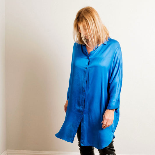 Cobalt Blue Silky Soft Oversize Trapeze Drape Shirt/Shirt Dress - Amilu