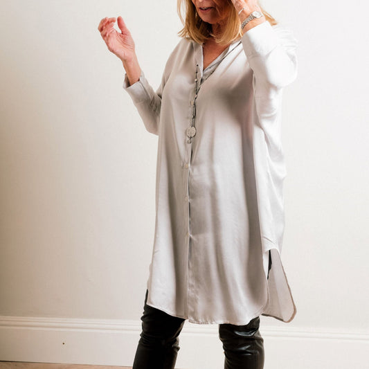 Silver Silky Soft Oversize Trapeze Drape Shirt/Shirt Dress - Amilu