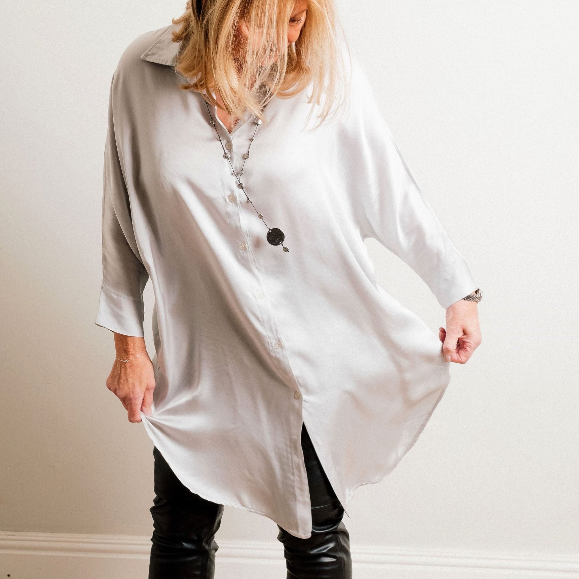 Silver Silky Soft Oversize Trapeze Drape Shirt/Shirt Dress - Amilu