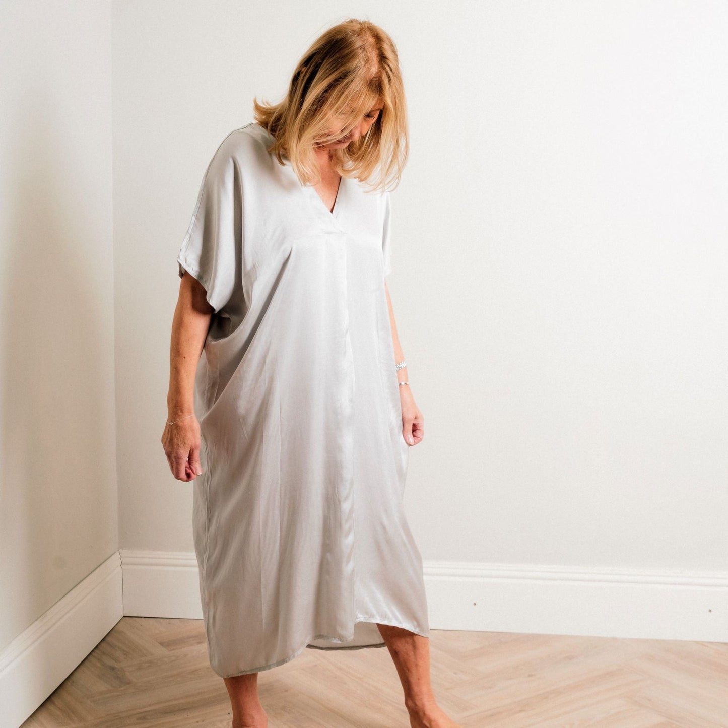 Silver Silky Soft Mid Length Kaftan Day and Beach Dress. - Amilu