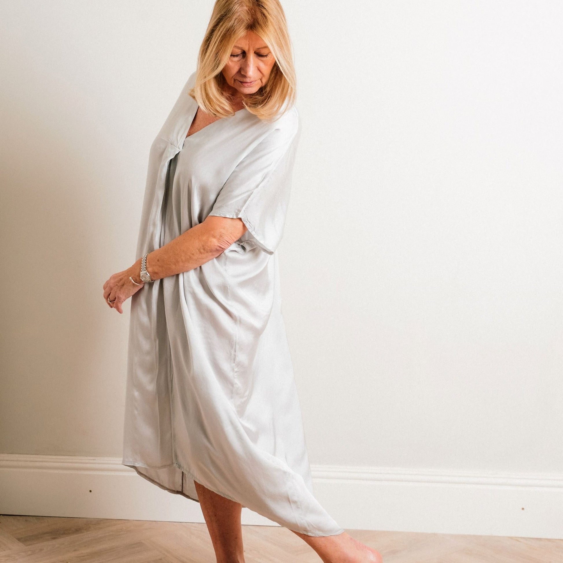 Silver Silky Soft Mid Length Kaftan Day and Beach Dress. - Amilu