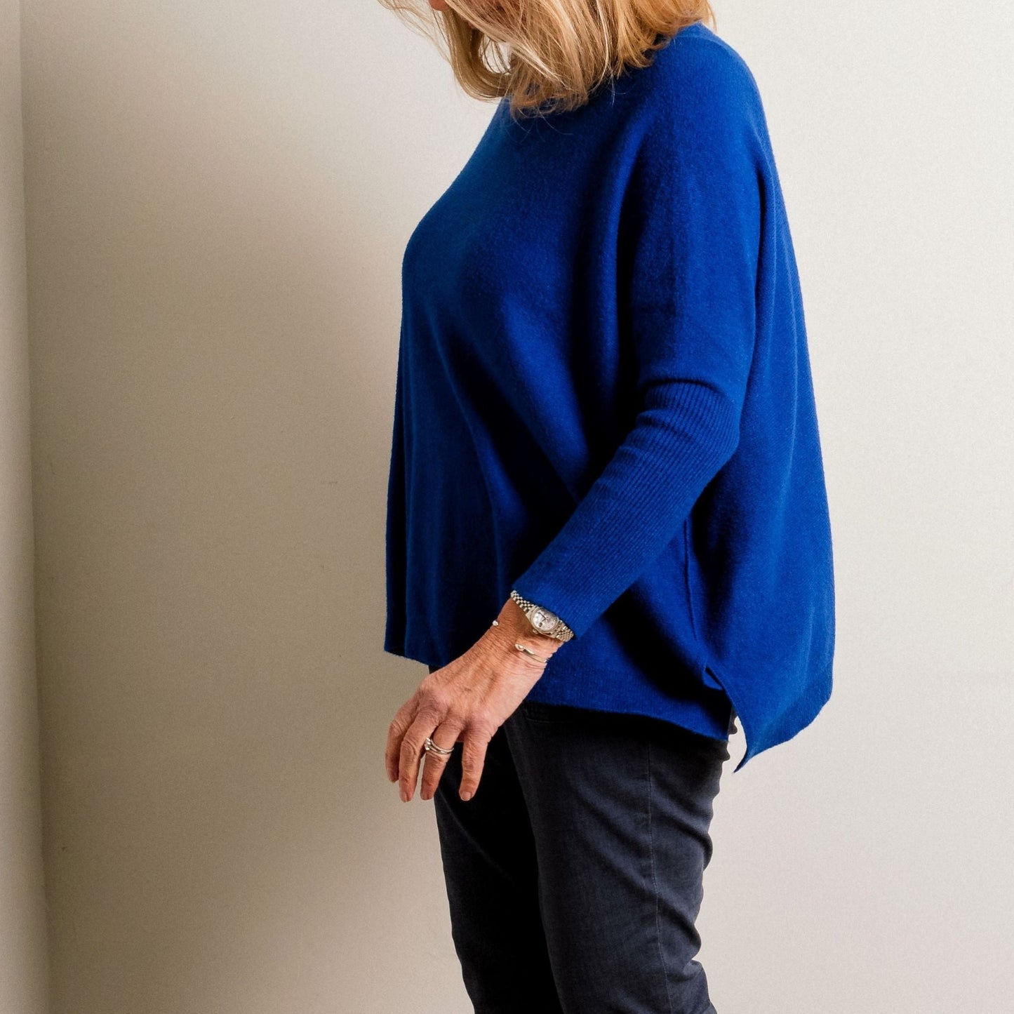 Cobalt Blue Supersoft Tapered Batwing Sleeve Fine Knit Round Neck Easy Wear Jumper - Amilu