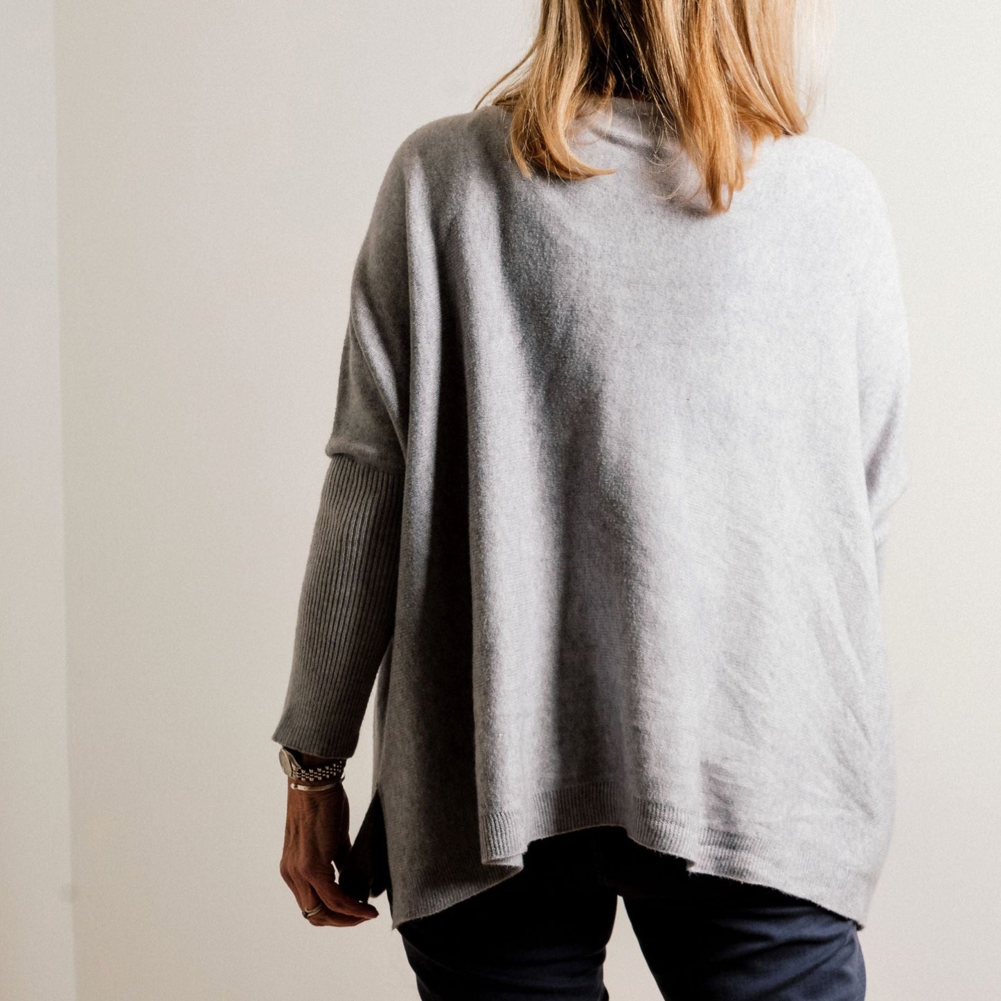 Light Grey Supersoft Tapered Batwing Sleeve Fine Knit Round Neck Easy Wear Jumper - Amilu
