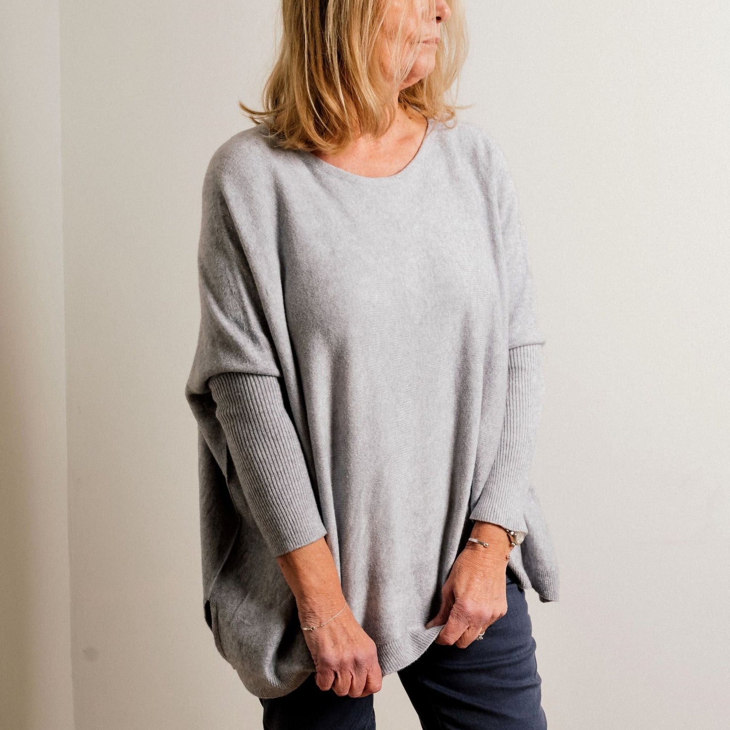 Light Grey Supersoft Tapered Batwing Sleeve Fine Knit Round Neck Easy Wear Jumper - Amilu