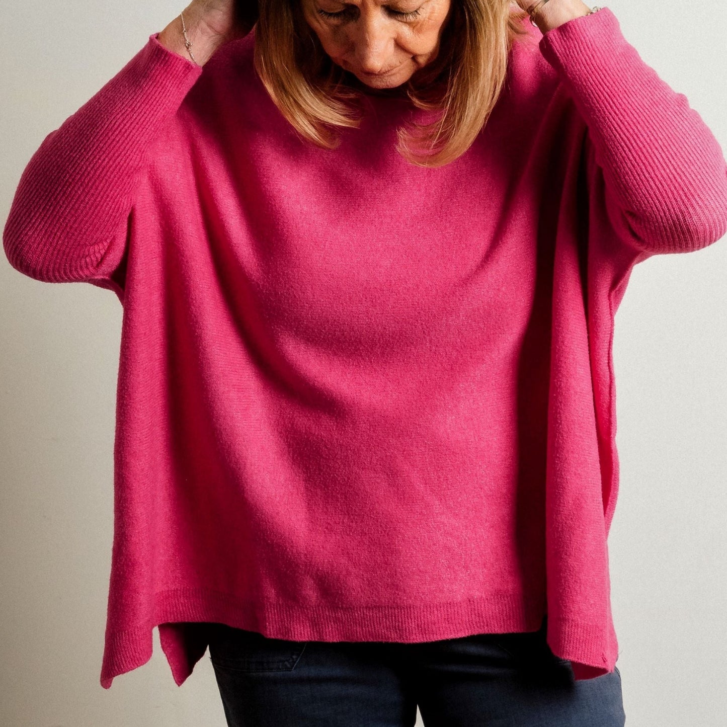 Fuchsia Pink Supersoft Tapered Batwing Sleeve Fine Knit Round Neck Easy Wear Jumper - Amilu