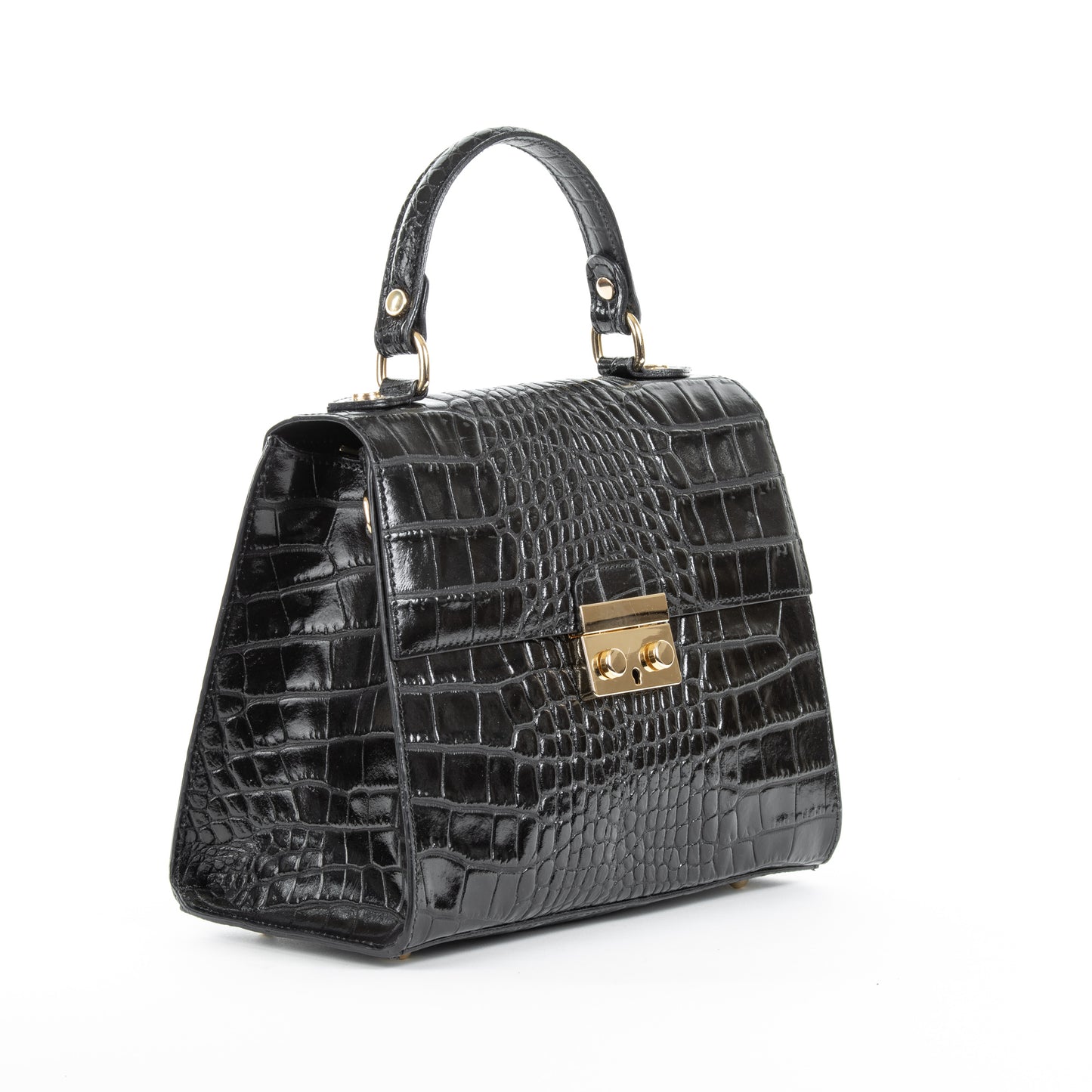 Black Real Italian Leather Croc Satchel Tote Bag - Amilu