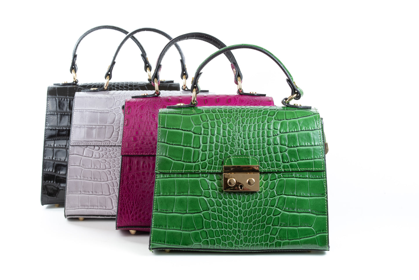 Black Real Italian Leather Croc Satchel Tote Bag - Amilu