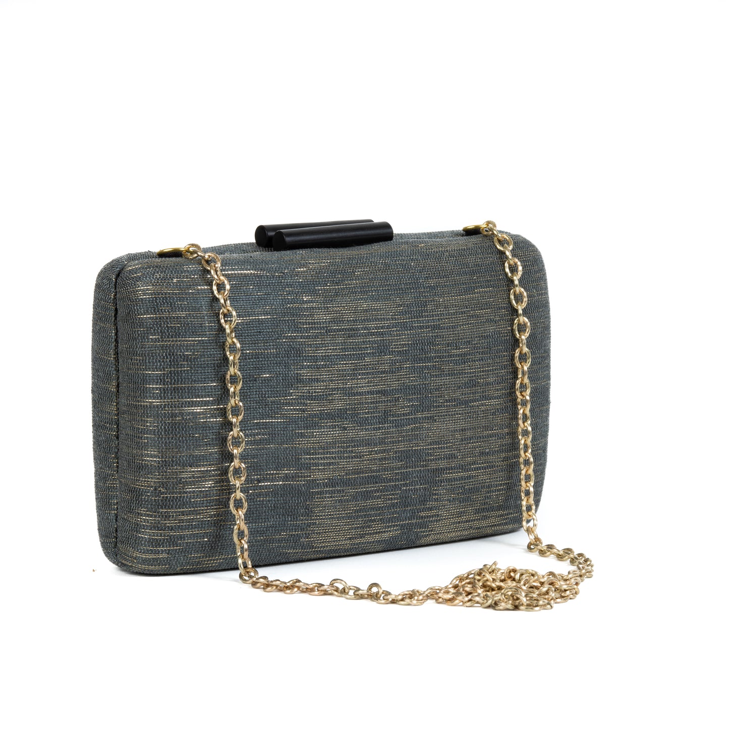 Charcoal Grey and Gold Shimmer Straw Box Clutch Bag - Amilu