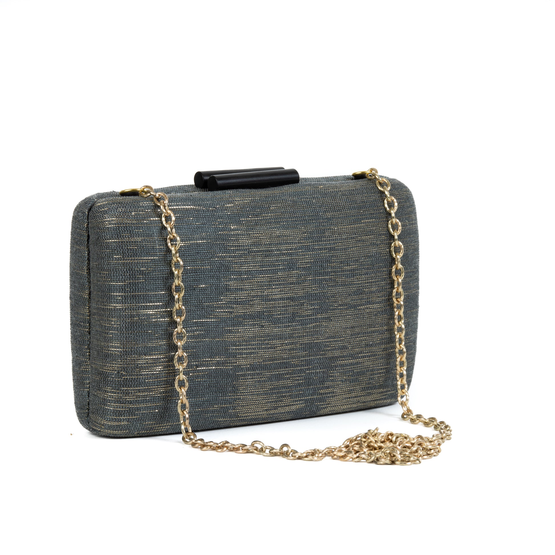 Charcoal Grey and Gold Shimmer Straw Box Clutch Bag - Amilu