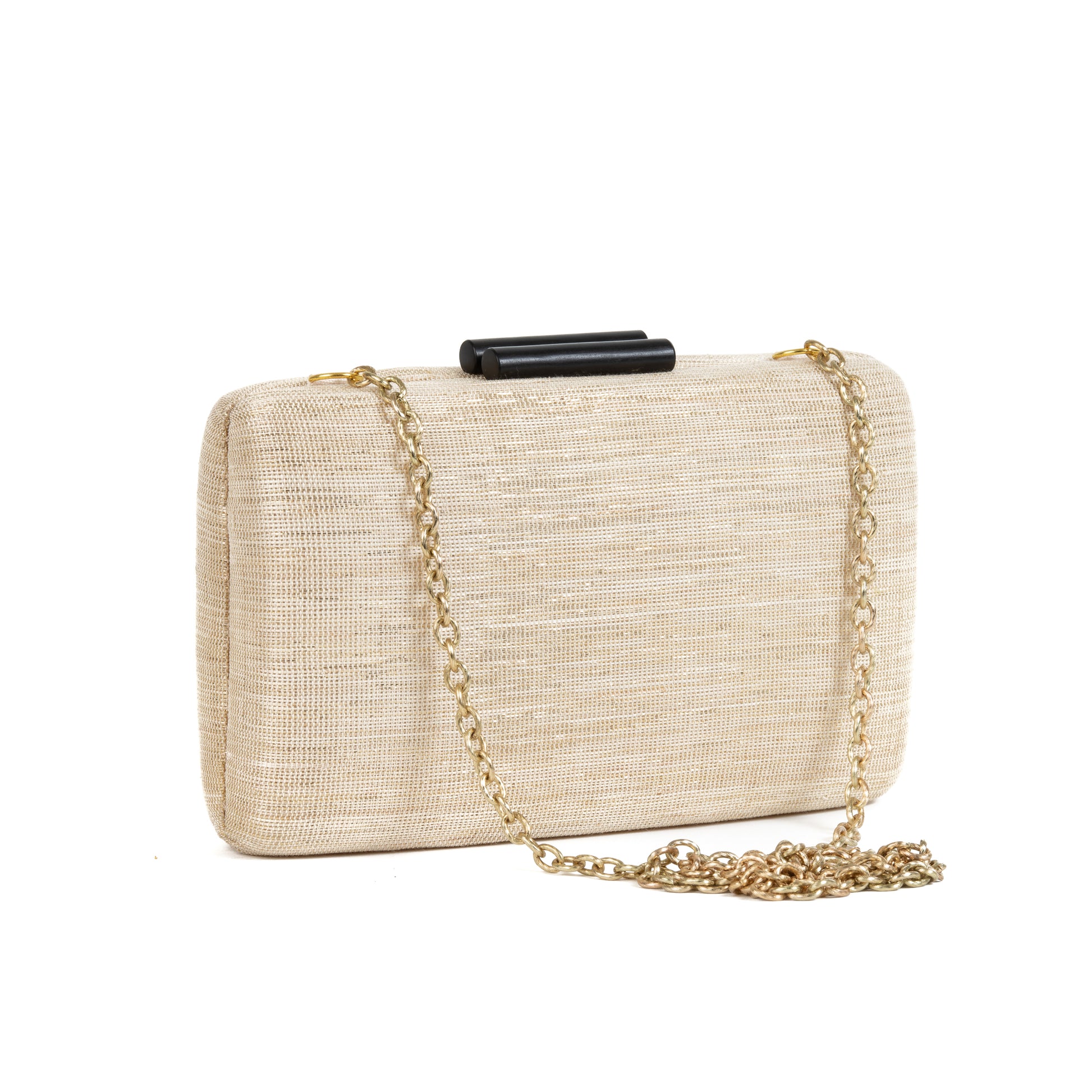 Cream and Gold Shimmer Straw Box Clutch Bag - Amilu