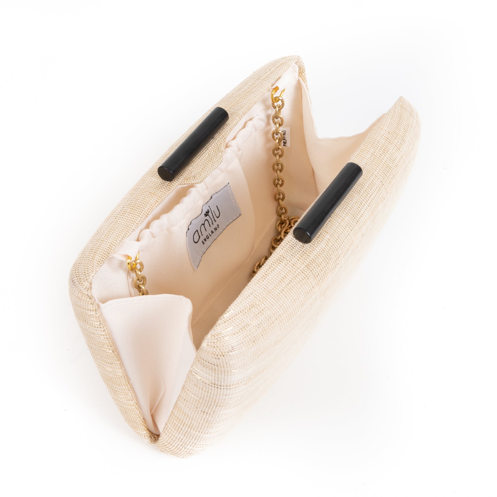 Cream and Gold Shimmer Straw Box Clutch Bag - Amilu