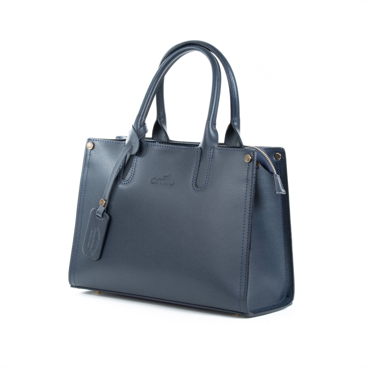Navy Real Textured Ruga Leather Grab Tote Bag - Amilu