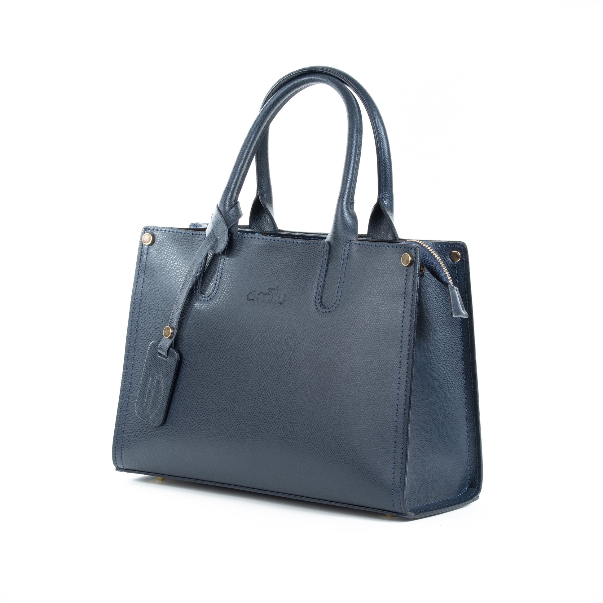 Navy Real Textured Ruga Leather Grab Tote Bag - Amilu