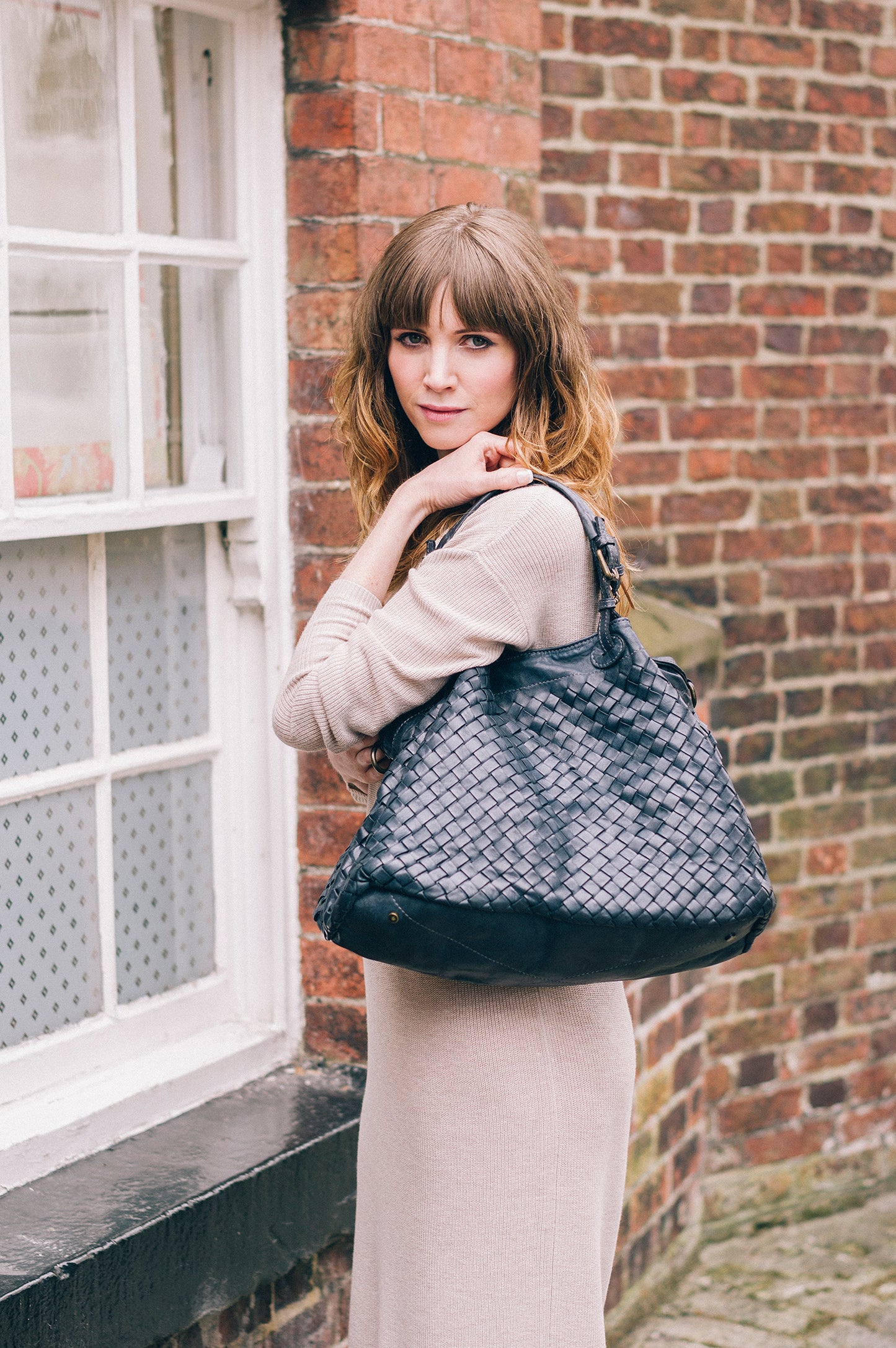 Portobello Classic Navy Real Italian Leather Weave Shoulder Bag - Amilu