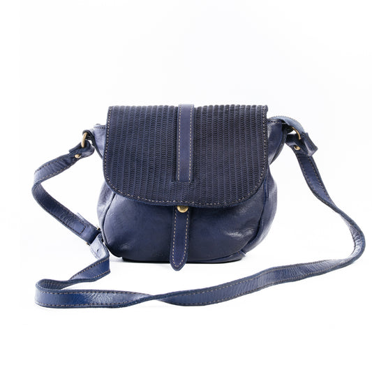 Navy Blue Real Italian Leather Small Saddle Crossbody Bag - Amilu
