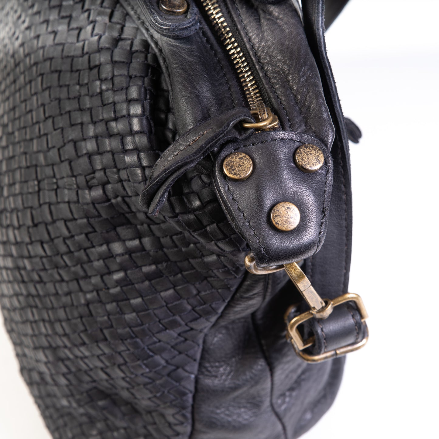 Classic Black Real Italian Washed Leather Medium Weave Tote Shoulder Bag - Amilu