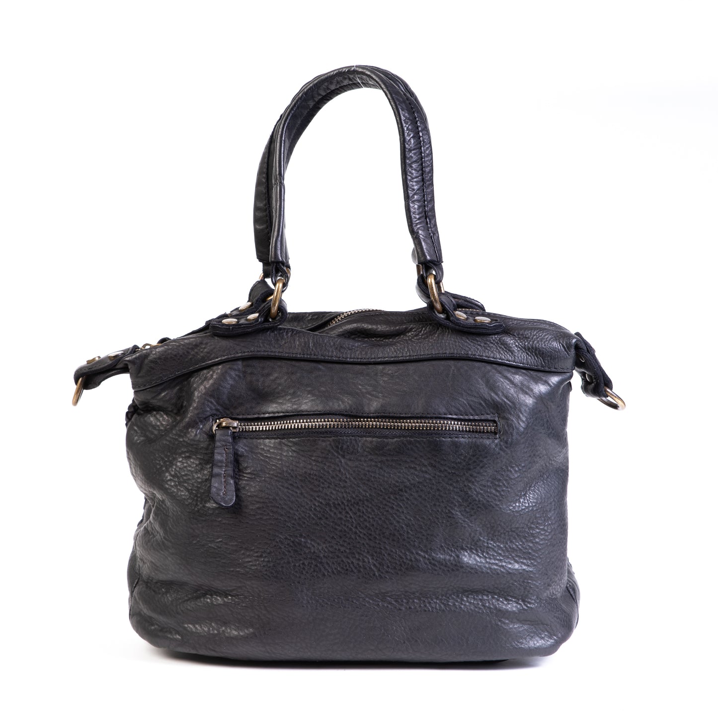 Classic Black Real Italian Washed Leather Medium Weave Tote Shoulder Bag - Amilu