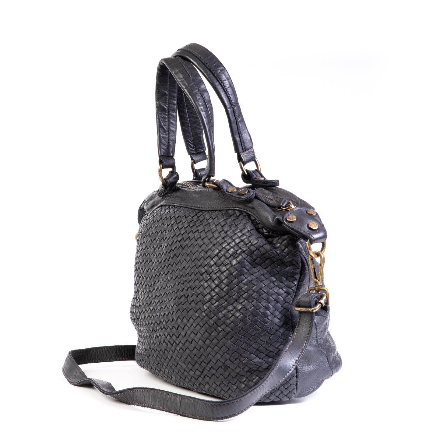 Classic Black Real Italian Washed Leather Medium Weave Tote Shoulder Bag - Amilu
