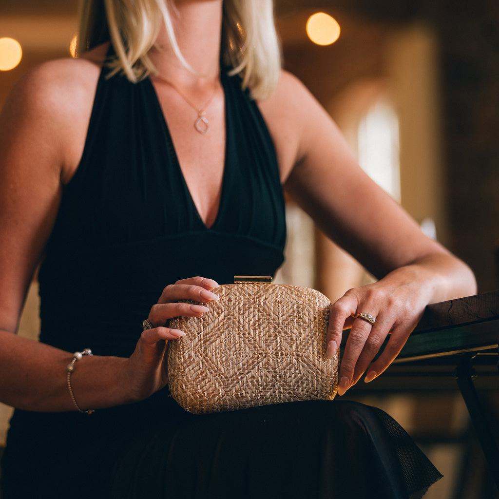 Textured Straw and Gold Shimmer Hardcase Box Clutch - Amilu