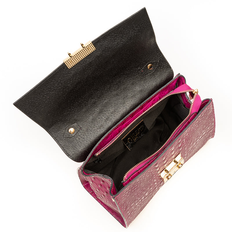 Magenta Pink Real Italian Leather Croc Satchel Tote Bag - Amilu