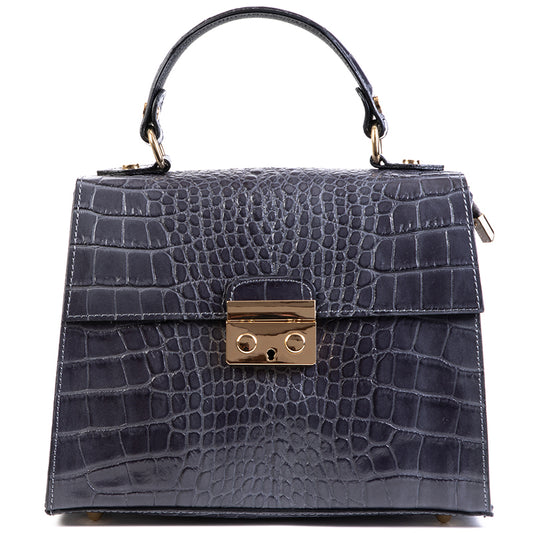 Grey Real Italian Leather Croc Satchel Tote Bag - Amilu