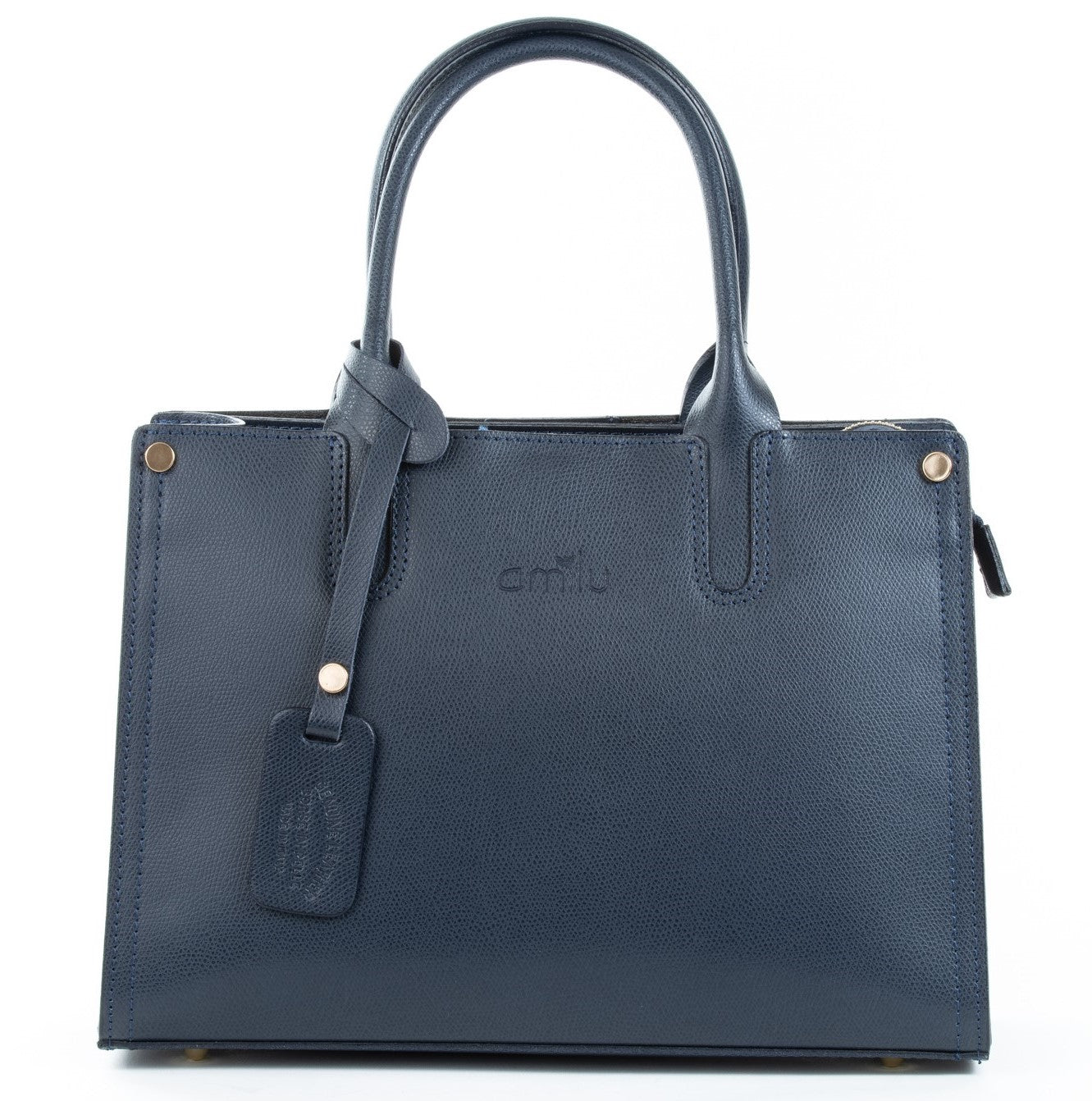Navy Real Textured Ruga Leather Grab Tote Bag - Amilu