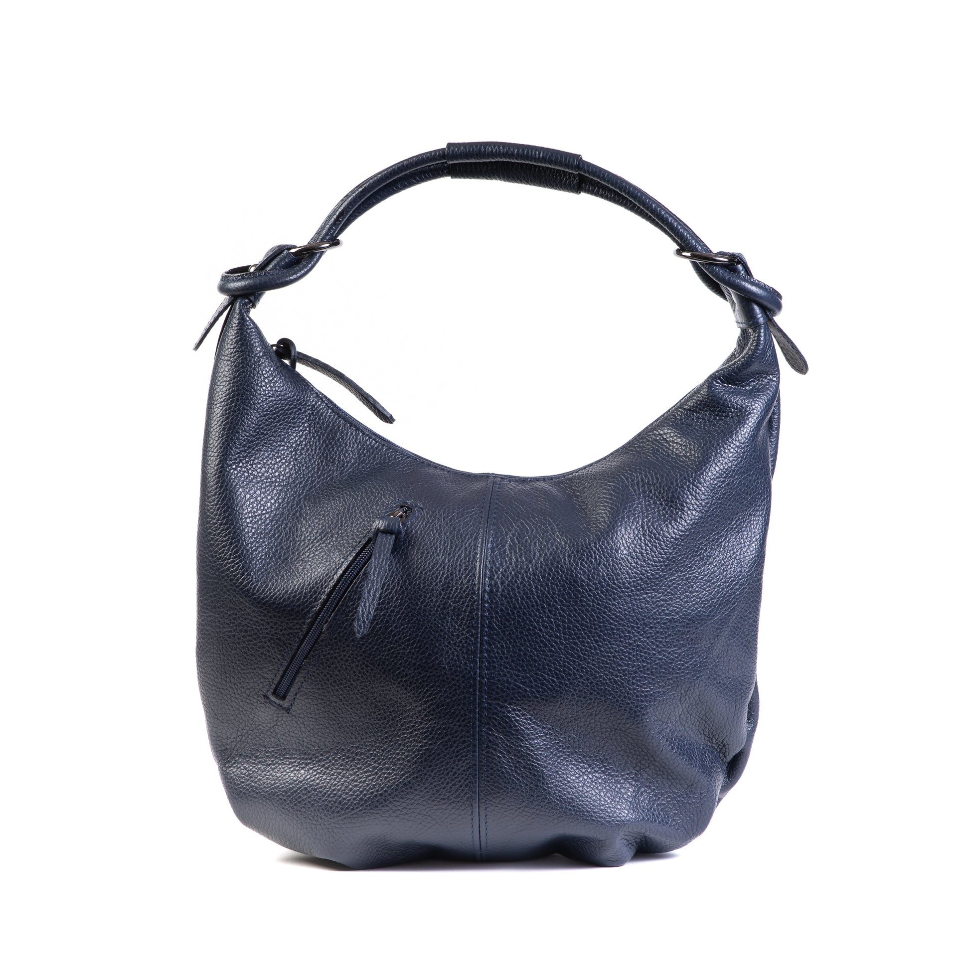 Classic Navy Blue Real Leather Slouch Shoulder Bag - Amilu