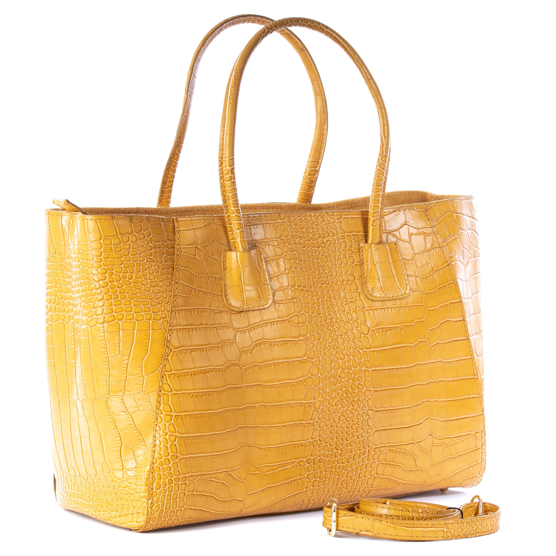 Mustard Yellow Real Leather Croc Shoulder Tote Bag - Amilu