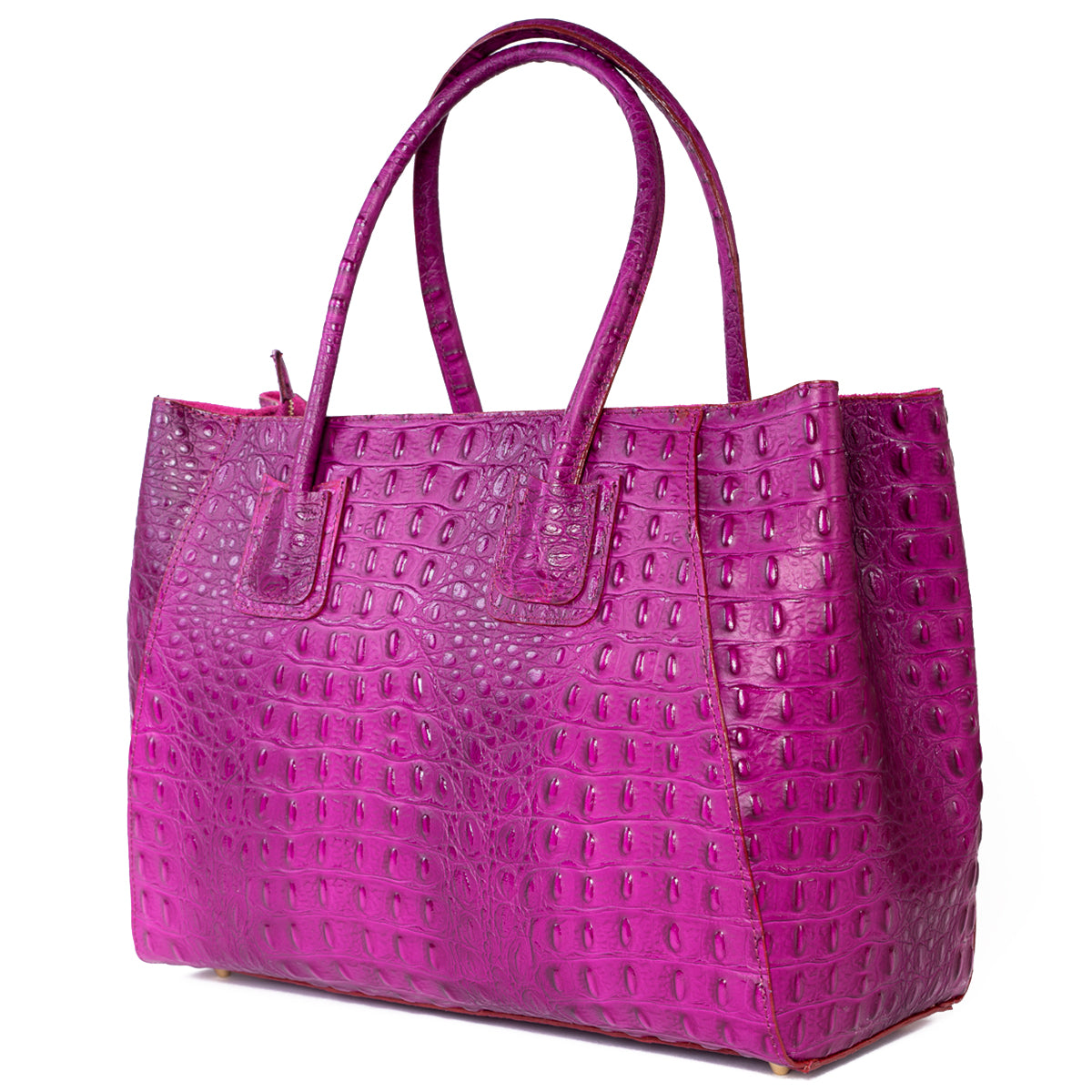 Magenta Pink Real Leather Croc Large Shoulder Tote Bag - Amilu