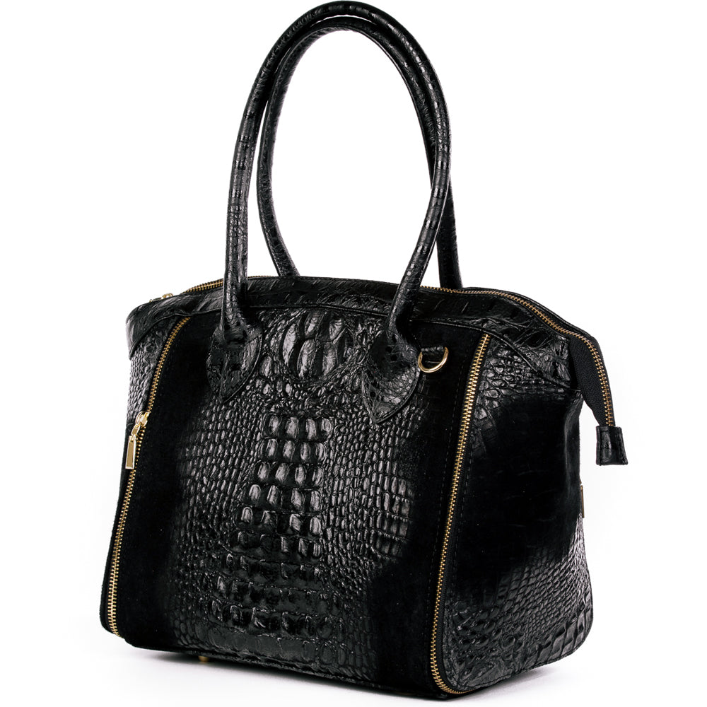 Black Real Italian Leather Croc Shoulder Tote Bag - Amilu